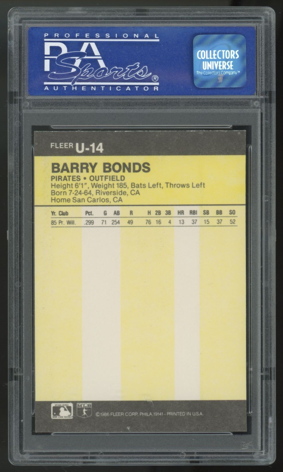1986 Fleer Update Barry Bonds RC #U-14 PSA 9 *867