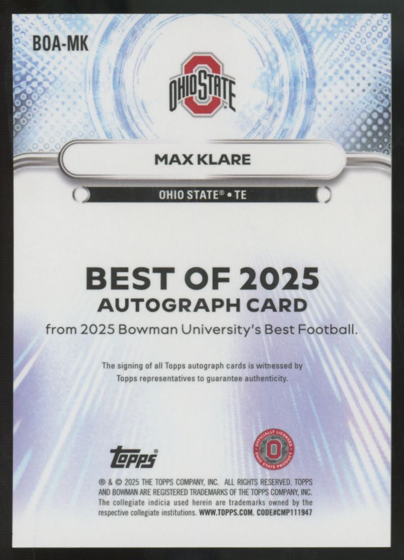 2025 Bowman Best University Max Klare Best Of '25 Auto #BOA-MK