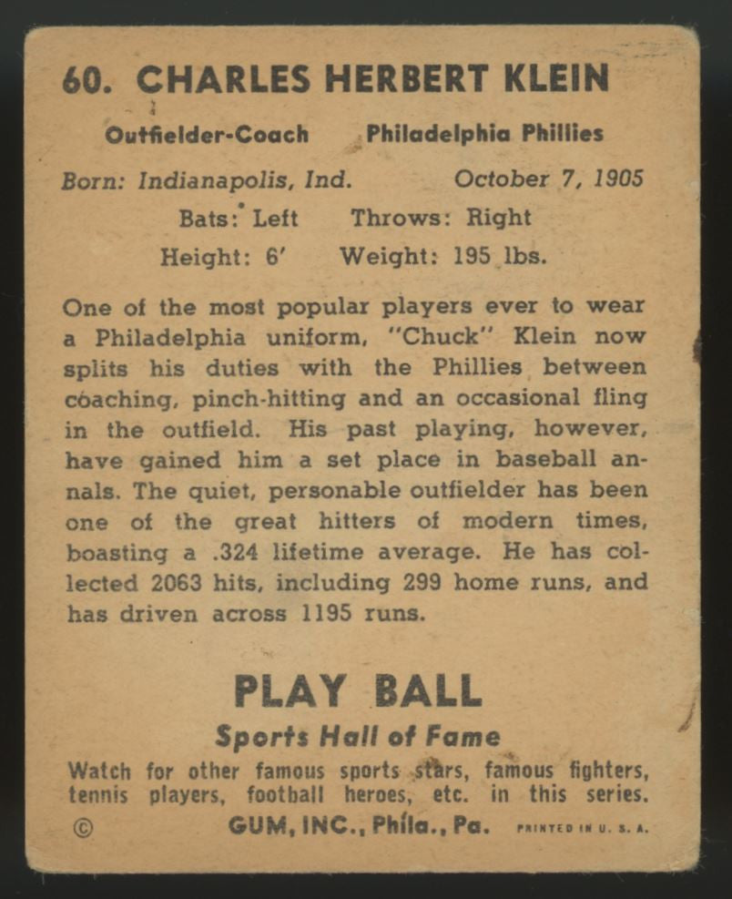 1941 Play Ball Chuck Klein #60 VG