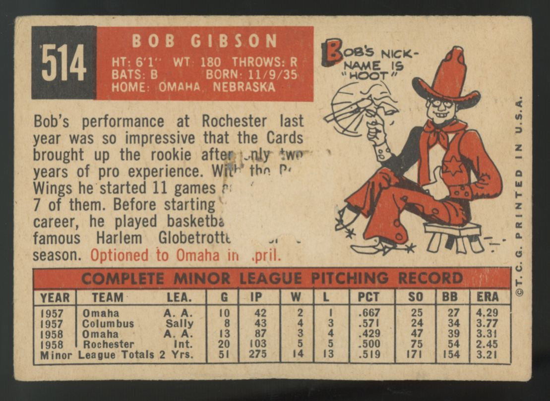1959 Topps Bob Gibson RC #514 Poor (Paper Loss)