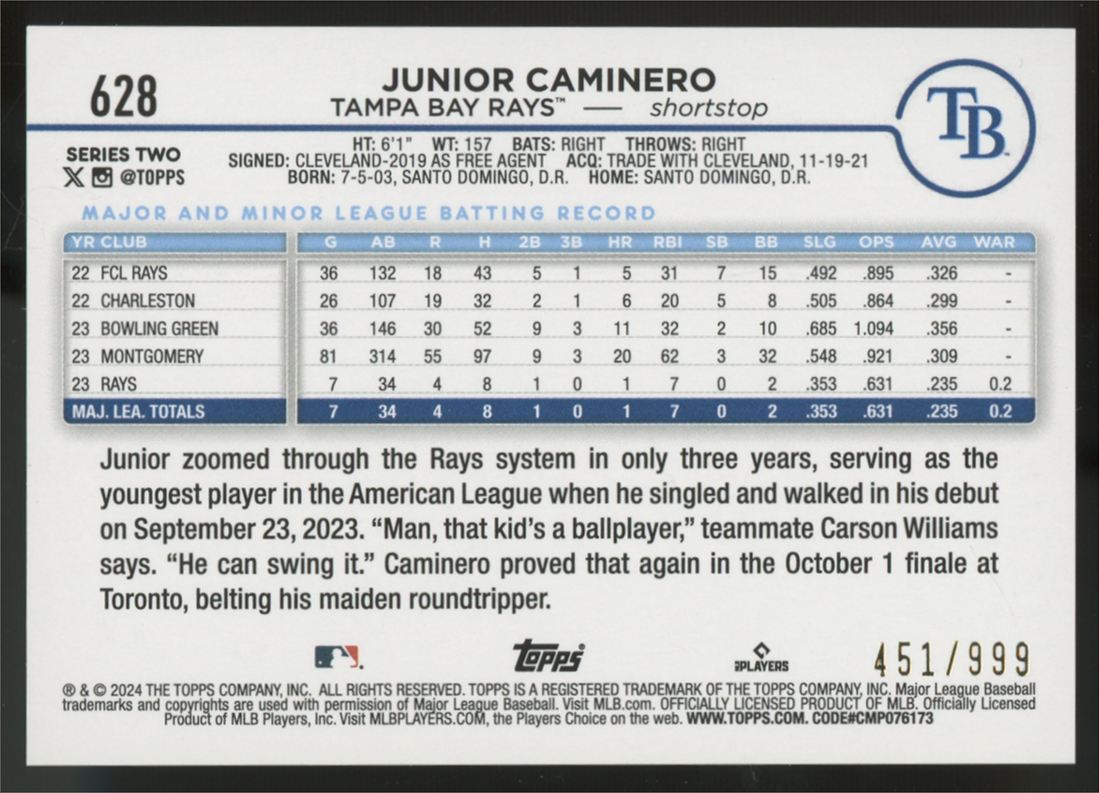 2024 Topps Series Two Junior Caminero RC Blue Foil /999 #628