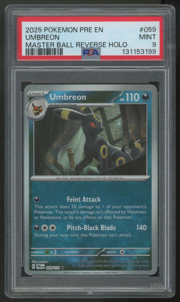 2025 Pokemon Umbreon Prismatic Evolution Master Ball Reverse Holo #059 PSA 9