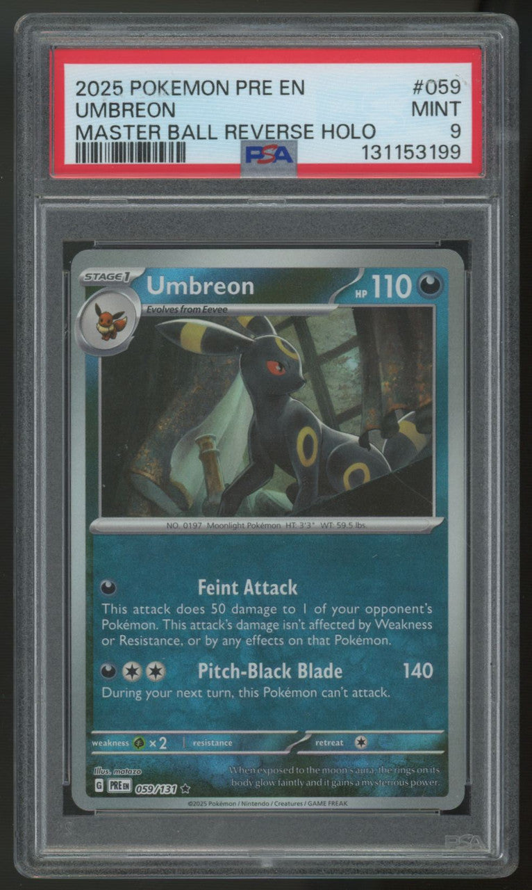 2025 Pokemon Umbreon Prismatic Evolution Master Ball Reverse Holo #059 PSA 9