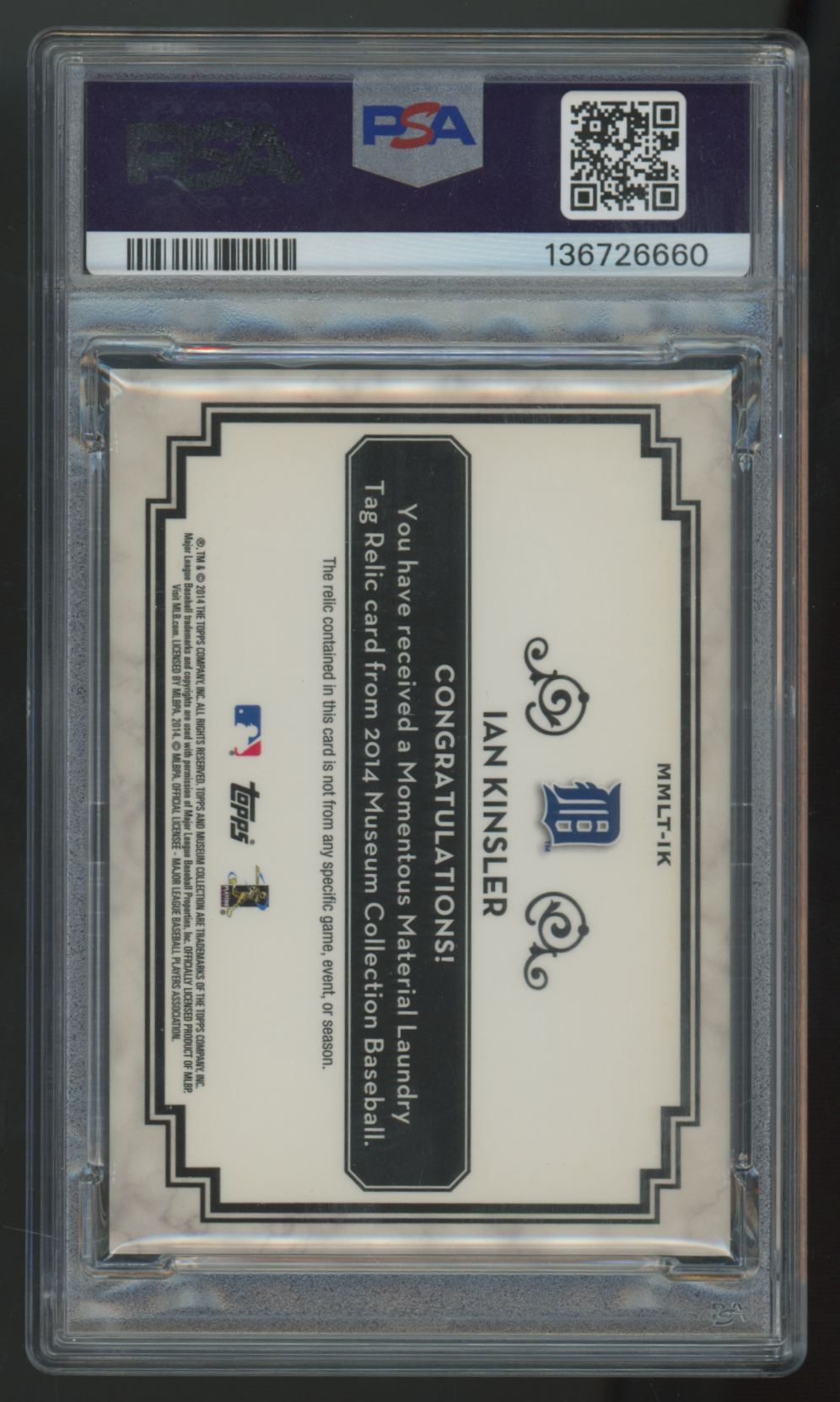 2014 Topps Museum Collection Ian Kinsler Momentous Laundry Tag Patch 1/1 PSA 8