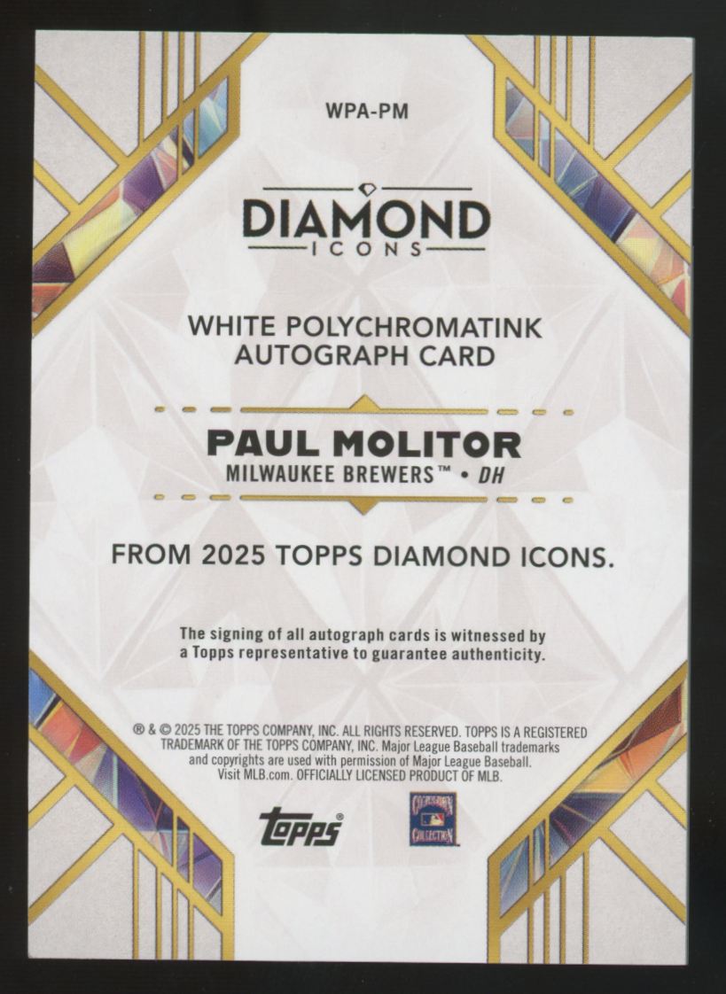 2025 Topps Diamond Icons Paul Molitor White Polychromatink Purple Ink Auto /15