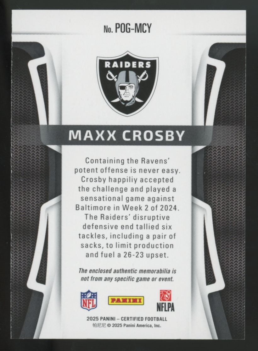 2025 Panini Certified Maxx Crosby Piece Of The Game Patch /299 #POG-MCY