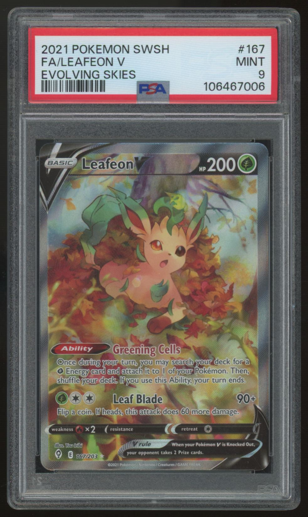2021 Pokemon Leafeon V Evolving Skies Full Art #167 PSA 9