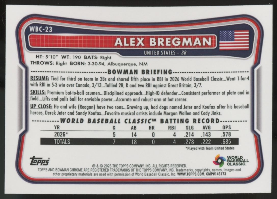 2026 Bowman Chrome Alex Bregman World Baseball Classic /499 #WBC-23