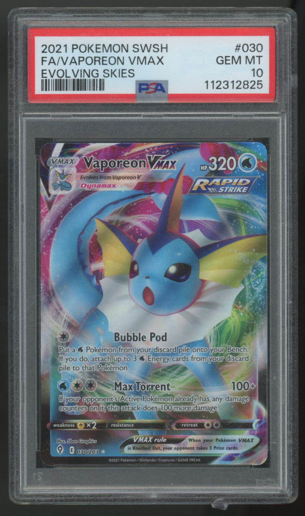2021 Pokemon Vaporeon VMax Evolving Skies Holo #30 PSA 10