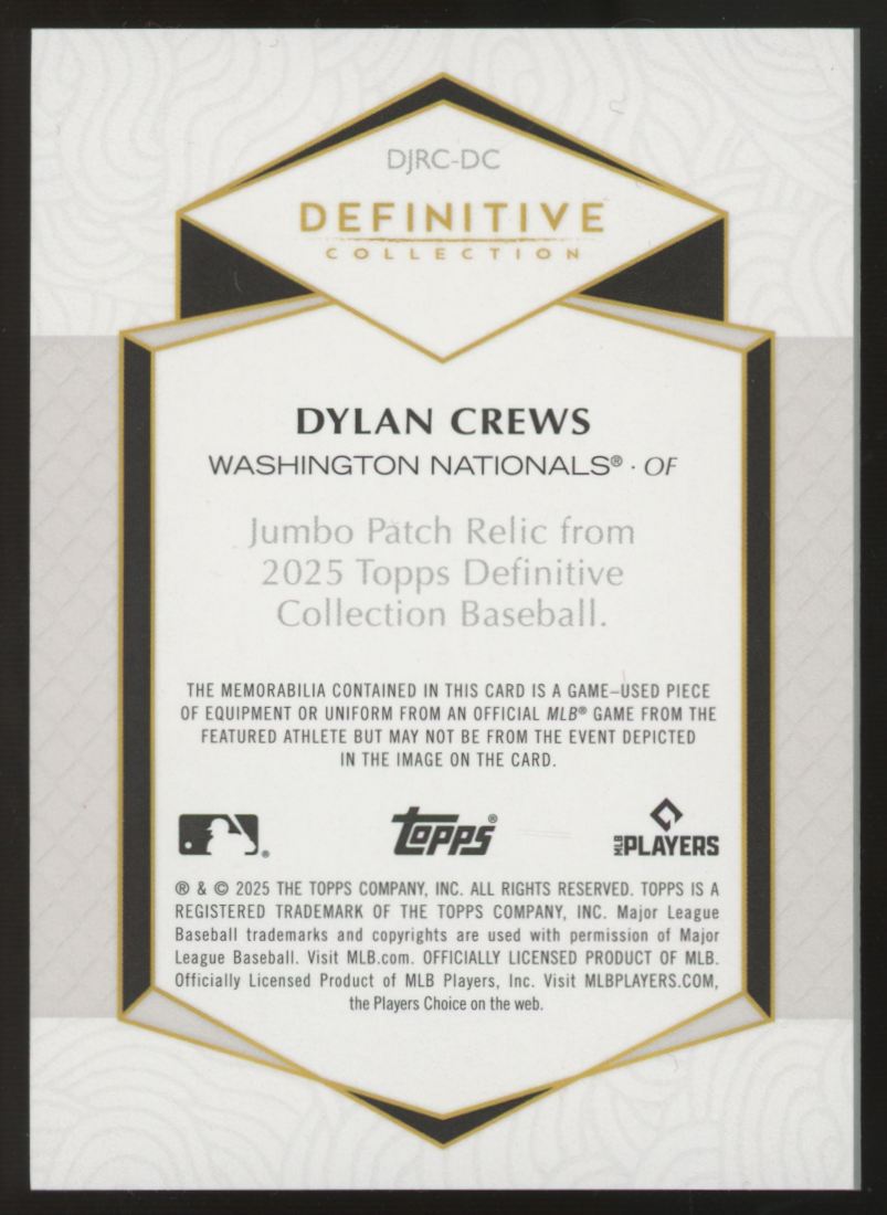 2025 Topps Definitive Collection Dylan Crews RC Jumbo Patch Relic Orange /25