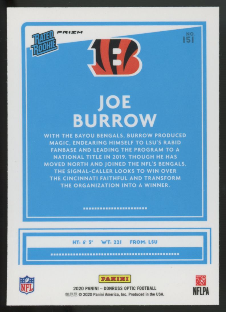 2020 Donruss Optic Joe Burrow RC Rated Rookie Holo Prizm #151