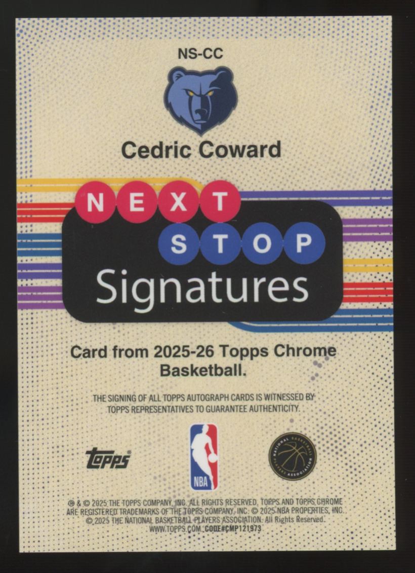 2025-26 Topps Chrome Cedric Coward RC Blue Next Stop Auto /150 #NS-CC