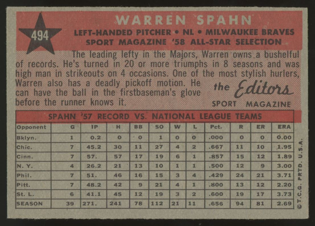 1958 Topps Warren Spahn AS #494 EX