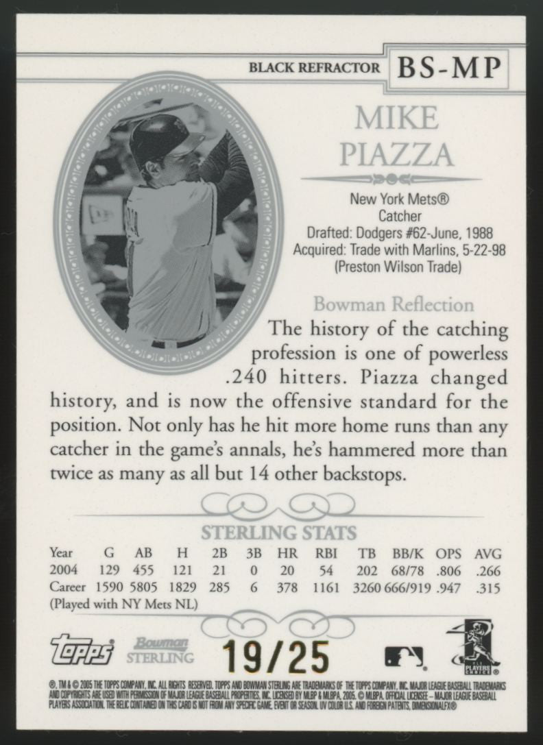 2005 Bowman Sterling Mike Piazza Black Refractor Game Used Bat Relic /25 #BS-MP