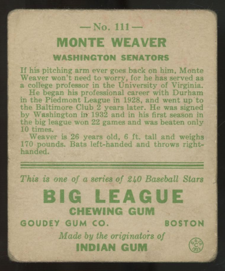 1933 Goudey Monte Weaver #111 Good