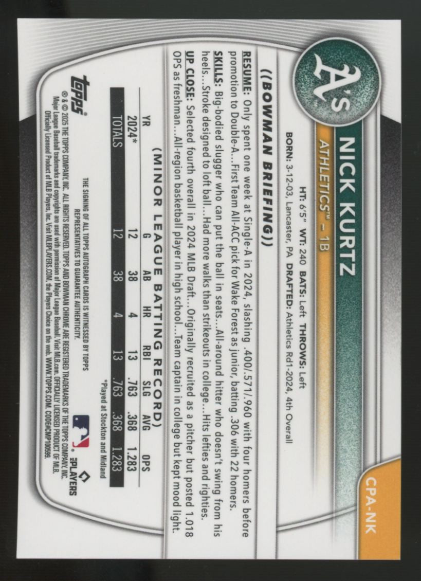 2025 Bowman Chrome Nick Kurtz Blue Refractor Prospect Auto /150 #CPA-NK