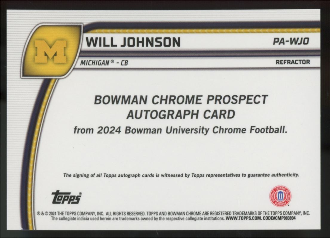 2024 Bowman University Chrome Will Johnson Prospect Refractor Auto /299 #PA-WJO