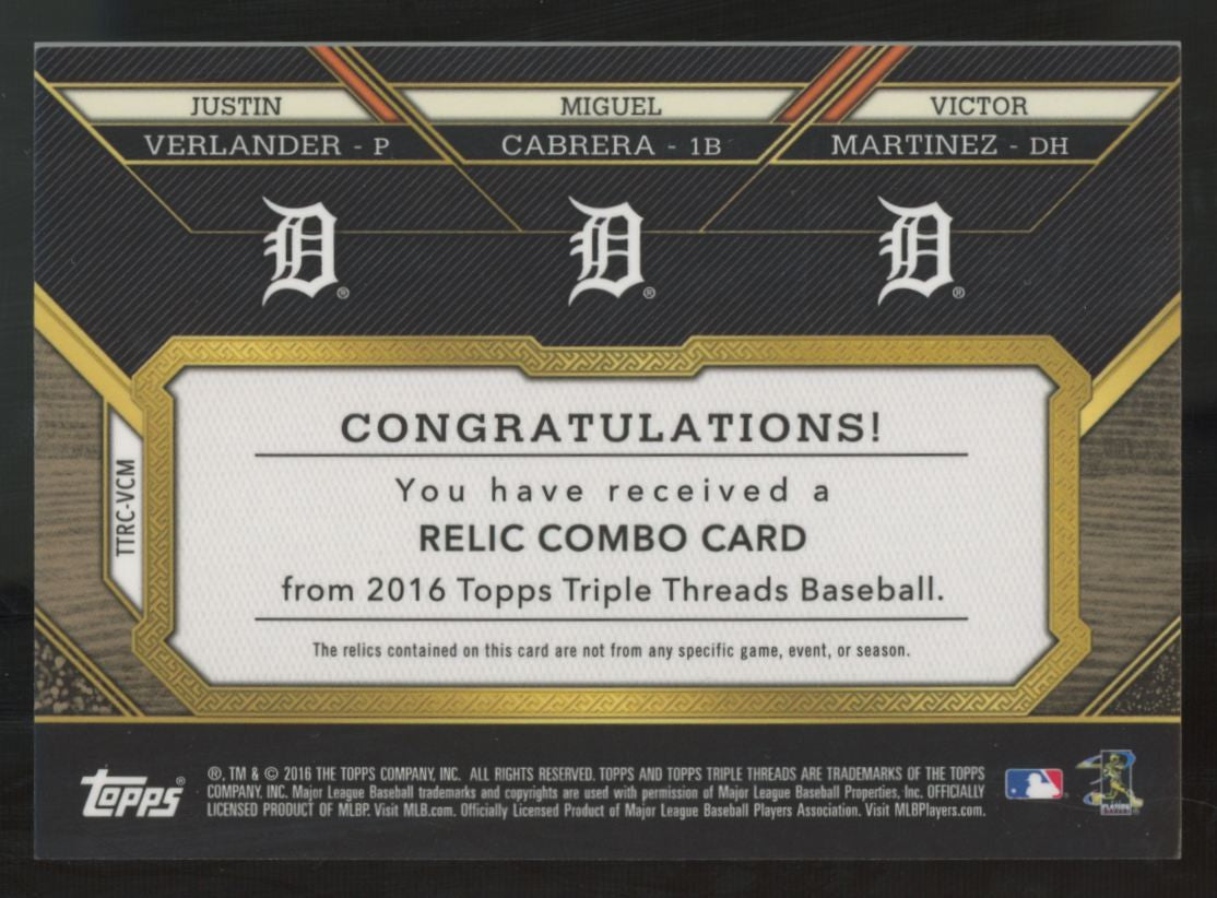 2016 Topps Triple Threads Verlander/Cabrera/Martinez Silver Triple Patch /27