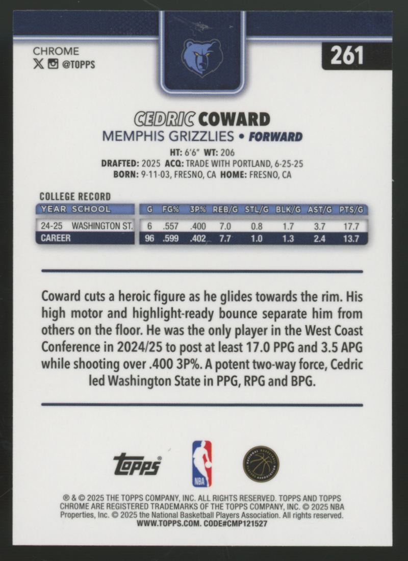 2025-26 Topps Chrome Cedric Coward RC Yellow Basketball Refractor /275 #261