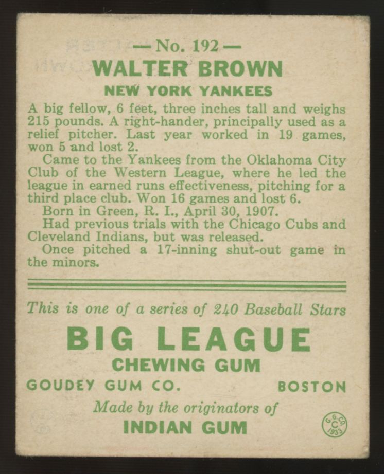 1933 Goudey Walter Brown #192 Poor (Trimmed)