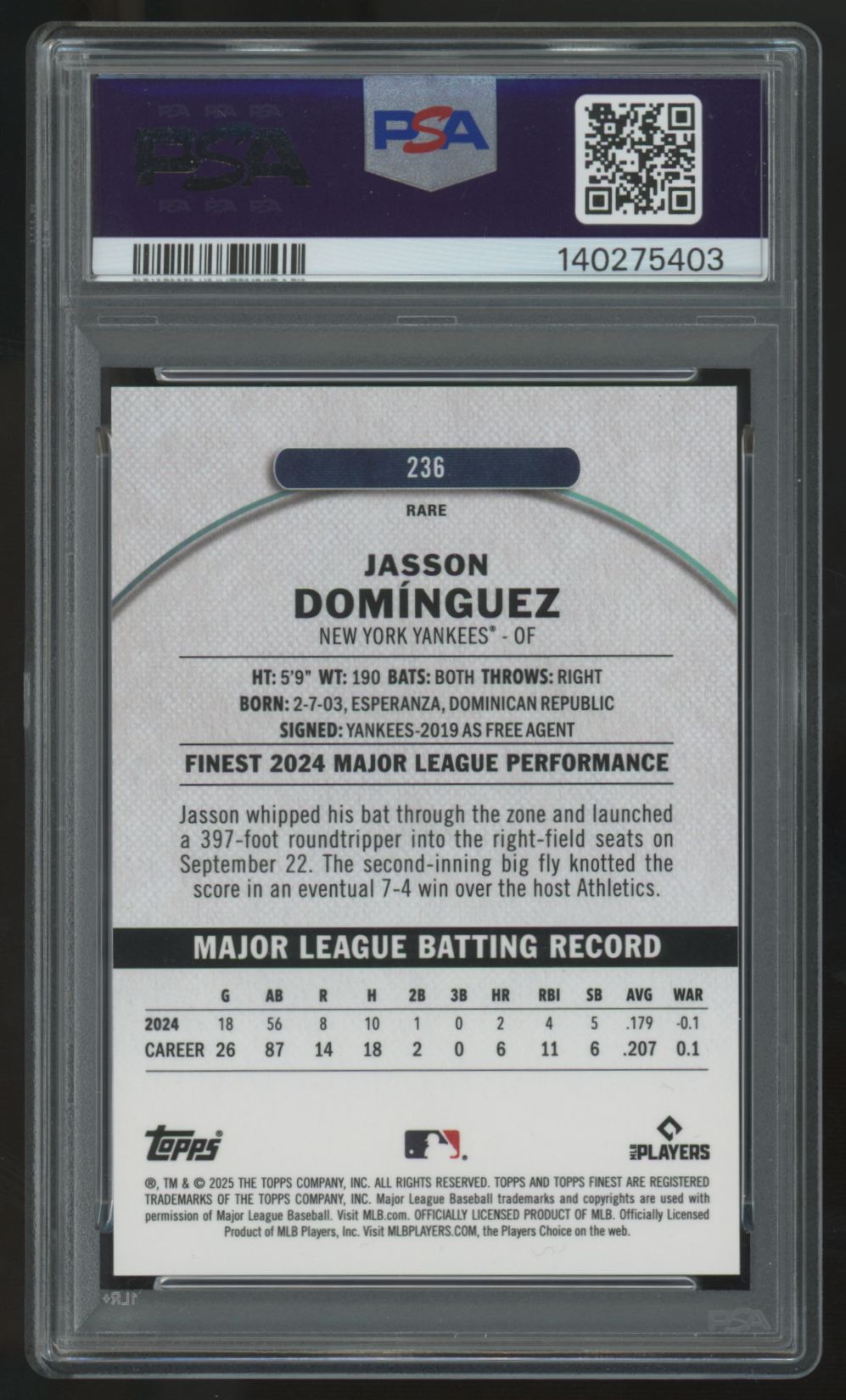 2025 Topps Finest Jasson Dominguez Rare Orange Refractor /25 #236 PSA 10