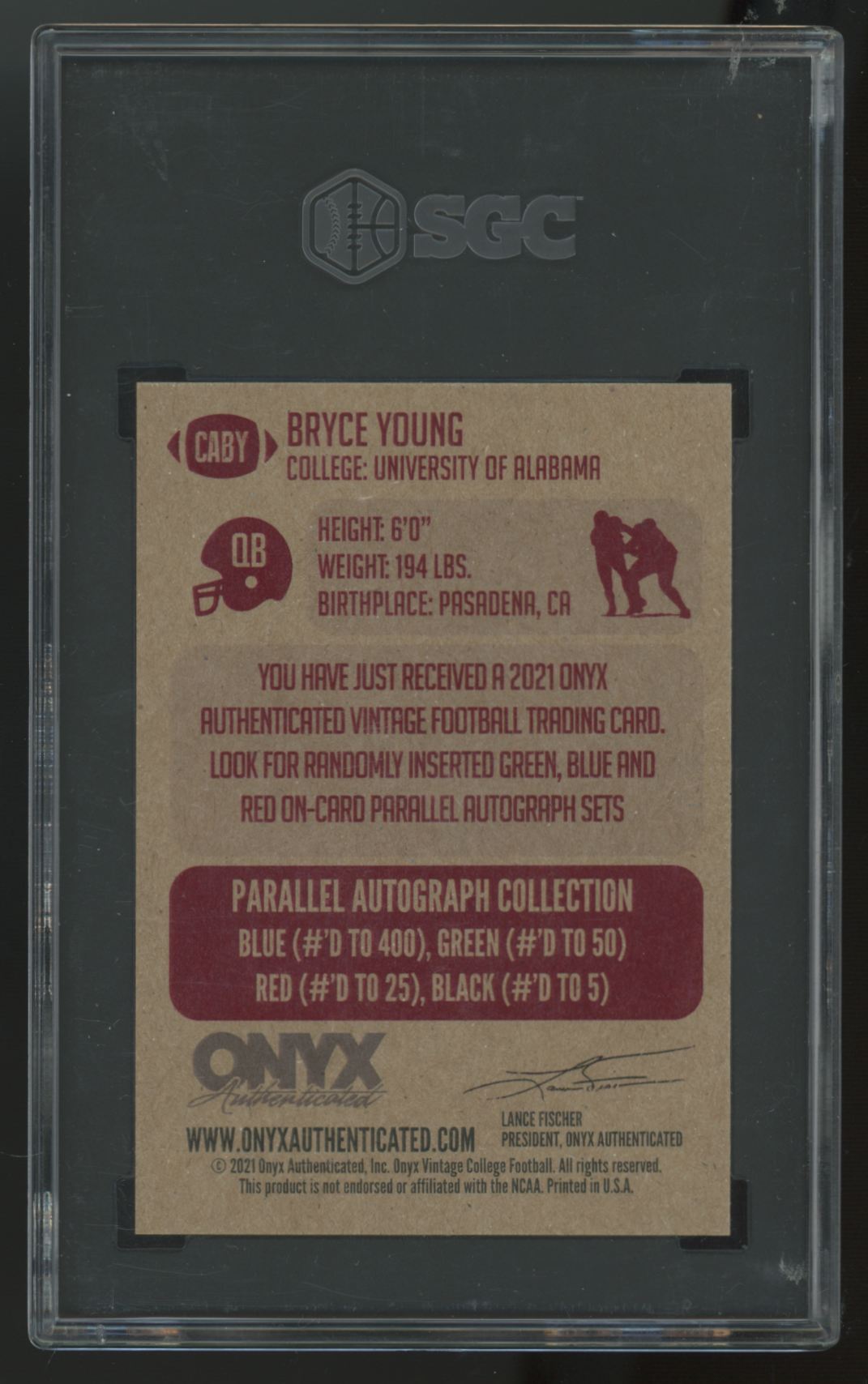 2021 Onyx Vintage College Bryce Young RC Blue Auto SGC 9 10