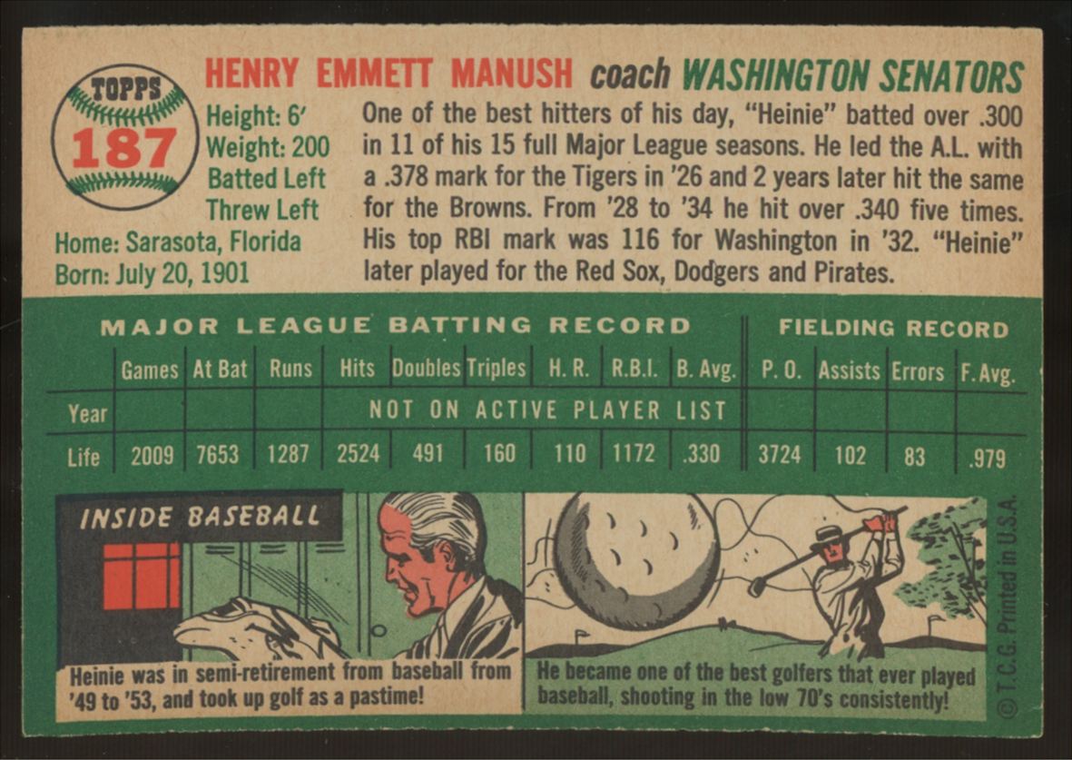1954 Topps Henry Heinie Manush #187 NM