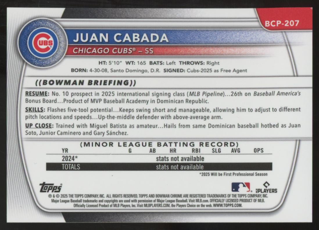 2025 Bowman Chrome Mega Juan Cabada 1st Prospect Gold Refractor /50 #BCP-207