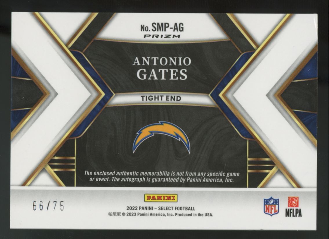 2022 Panini Select Antonio Gates Blue Prizm Patch Auto /75 #SMP-AG