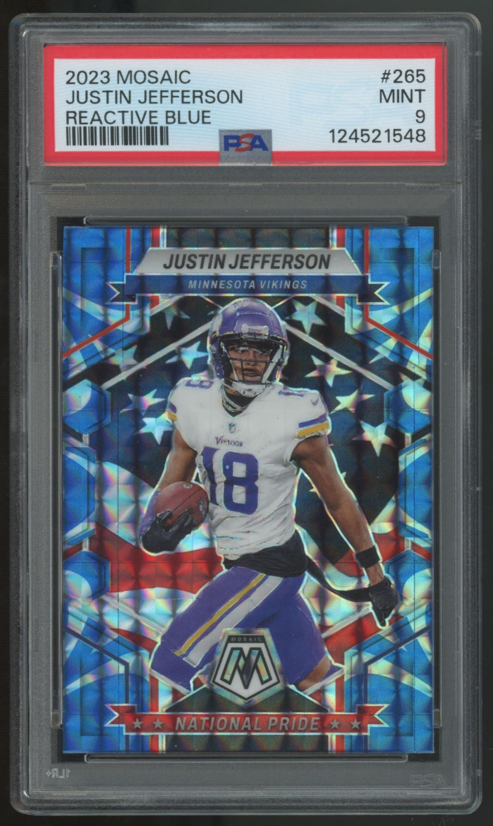 2023 Panini Mosaic Justin Jefferson Reactive Blue National Pride #265 PSA 9