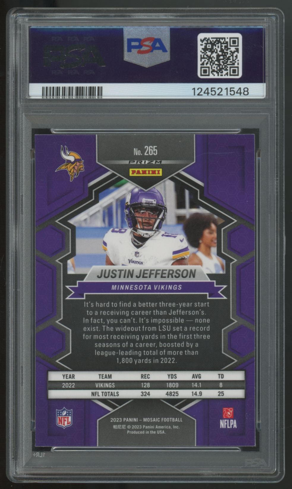 2023 Panini Mosaic Justin Jefferson Reactive Blue National Pride #265 PSA 9