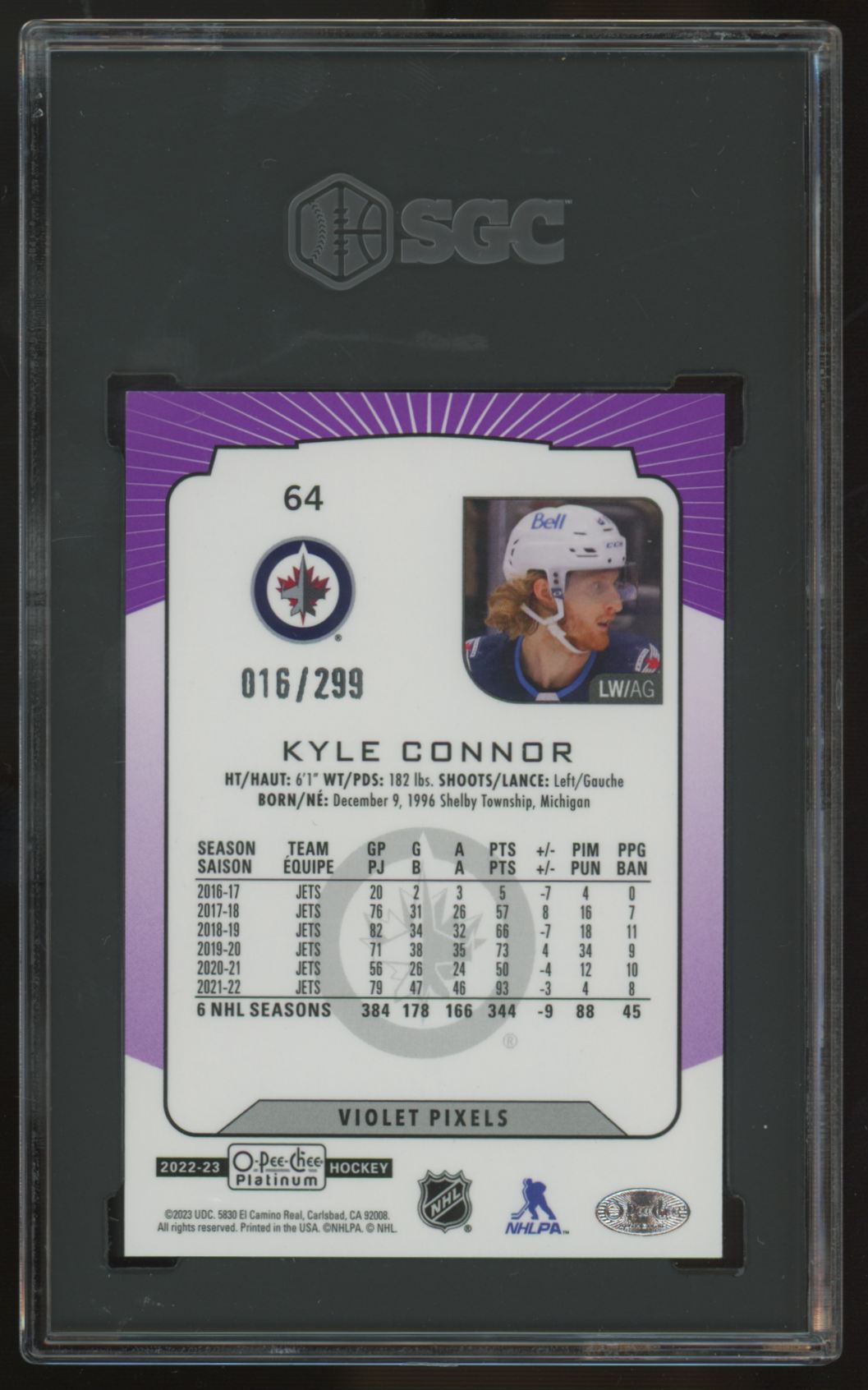 2022-23 O-Pee-Chee Platinum Kyle Connor Violet Pixels /299 #64 SGC 10