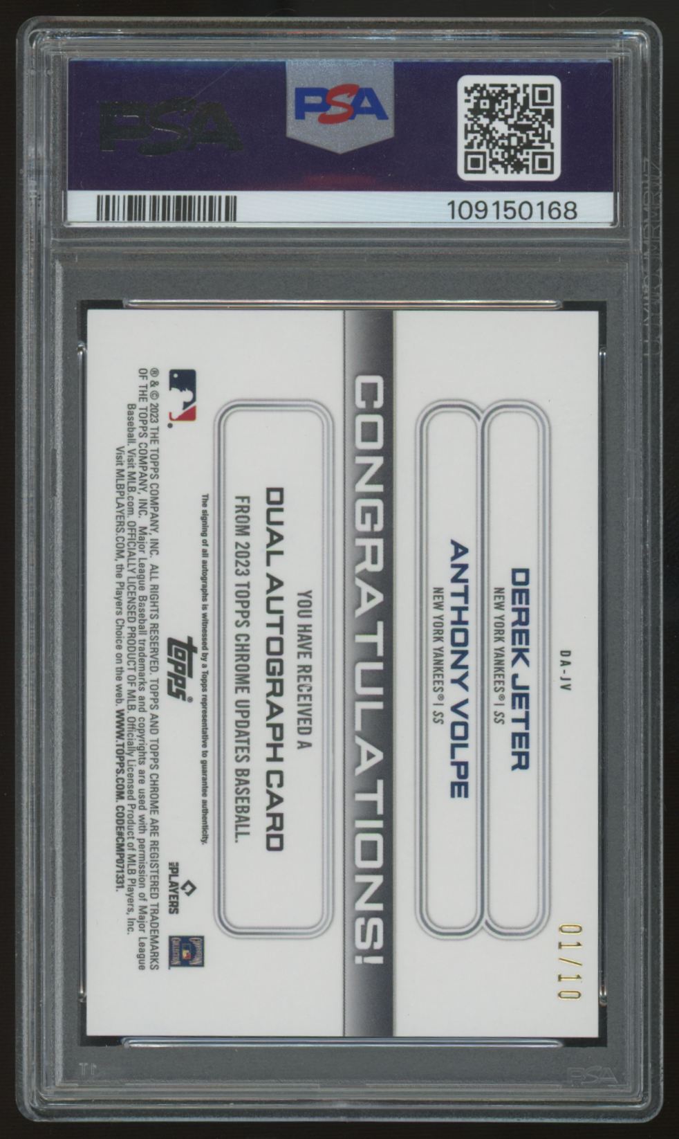 2023 Topps Chrome Update Derek Jeter/Anthony Volpe Dual Auto /10 #DA-JV PSA 9