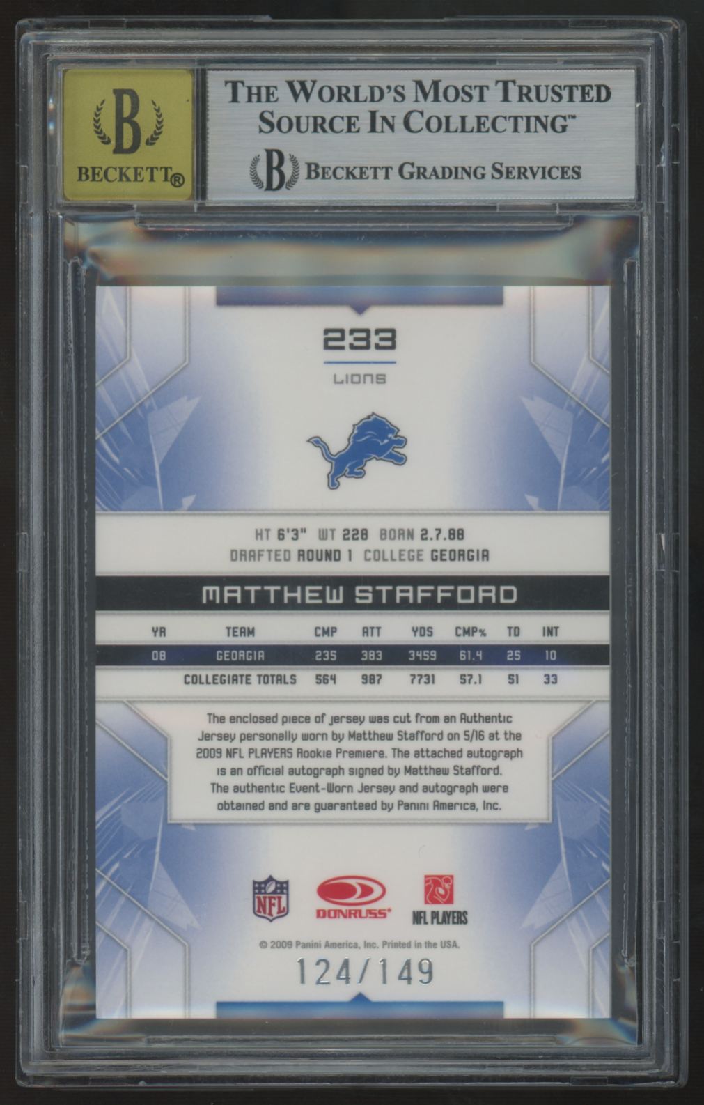 2009 Limited Matthew Stafford RC Phenoms Patch Auto RPA /149 #233 BGS 8.5 10