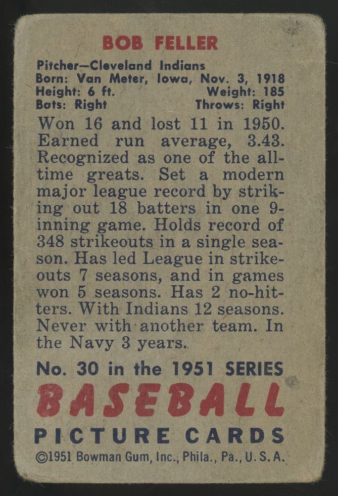 1951 Bowman Bob Feller Picture Card #30 Poor
