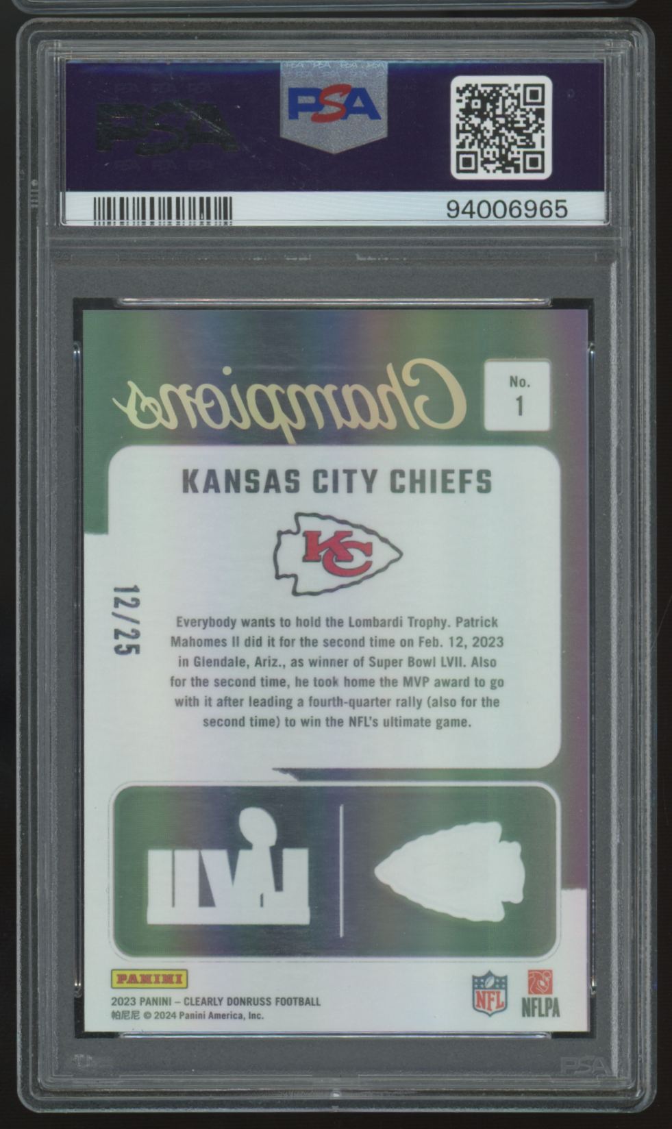 2023 Clearly Donruss Patrick Mahomes II Holo Silver Champions /25 #1 PSA 10