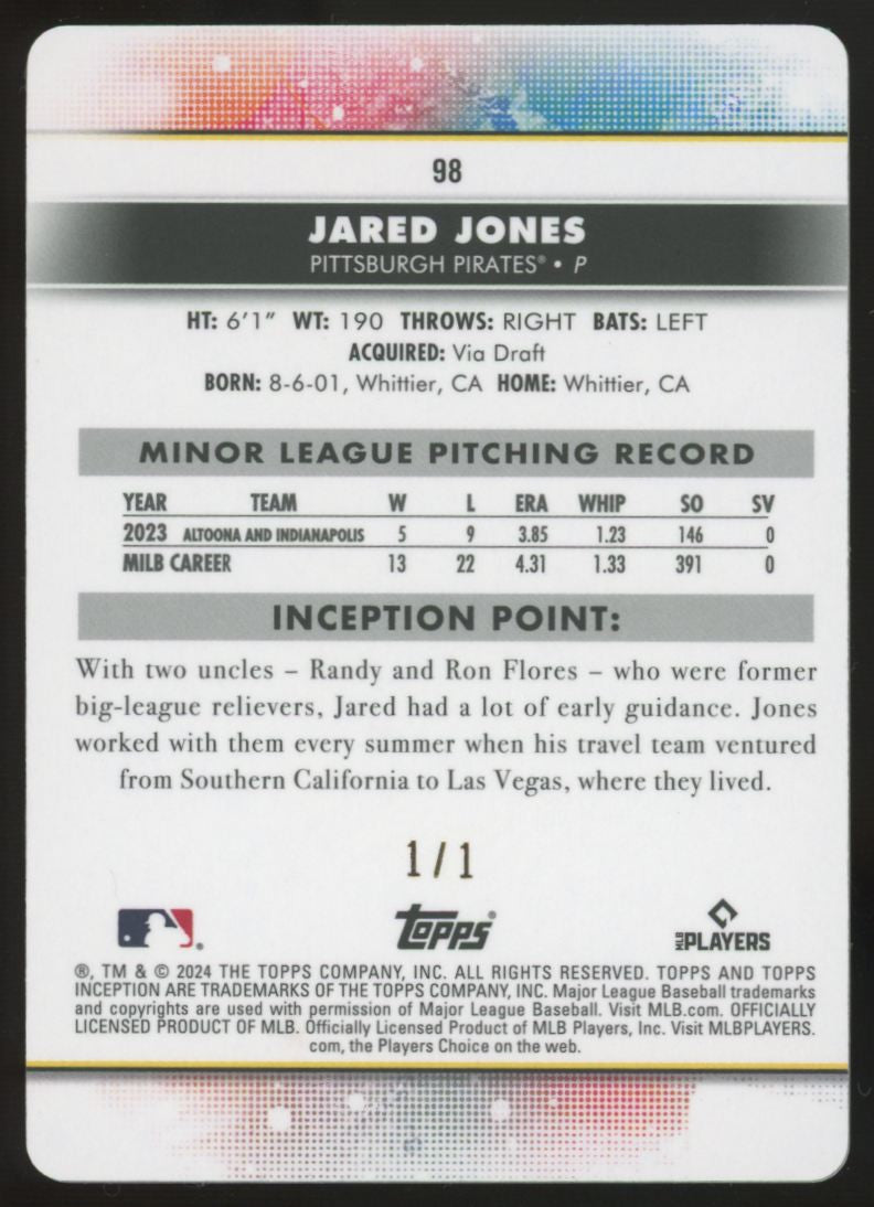 2024 Topps Inception Jared Jones RC 1/1 Printing Plate #98
