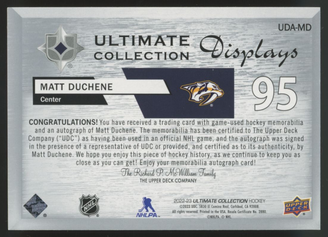 2022-23 UD Ultimate Collection Matt Duchene Displays Patch Auto /135 #UDA-MD