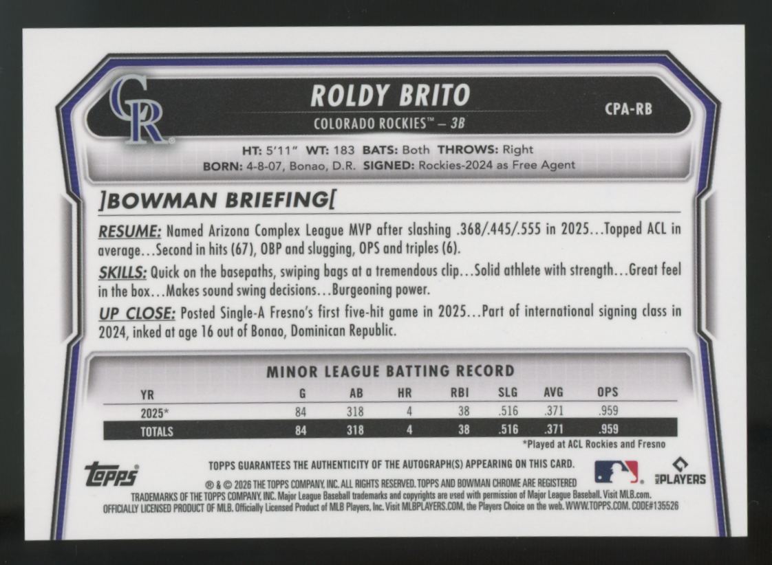 2026 Bowman Chrome Roldy Brito 1st Prospect Auto #CPA-RB