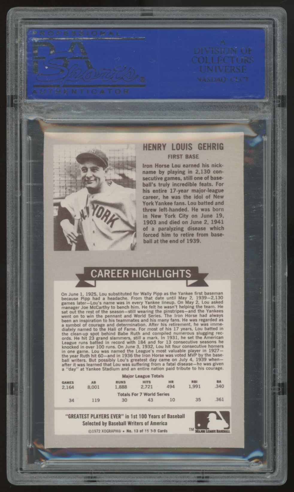 1972 Kellogg's Lou Gehrig All-Time Baseball Greats #13 PSA 8