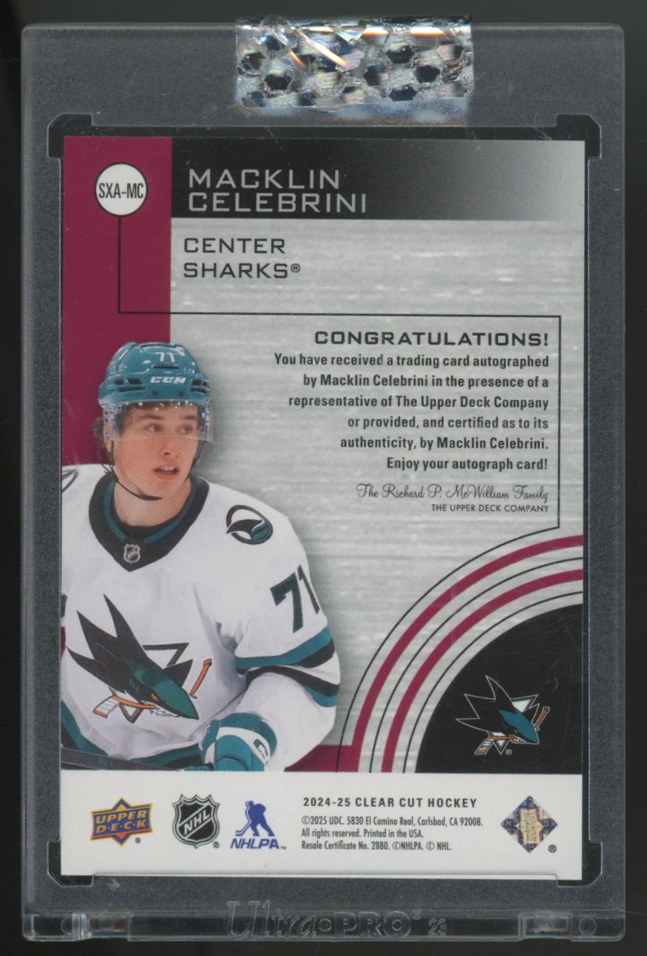 2024-25 Upper Deck Clear Cut Macklin Celebrini RC SPXcitement Auto #SXA-MC