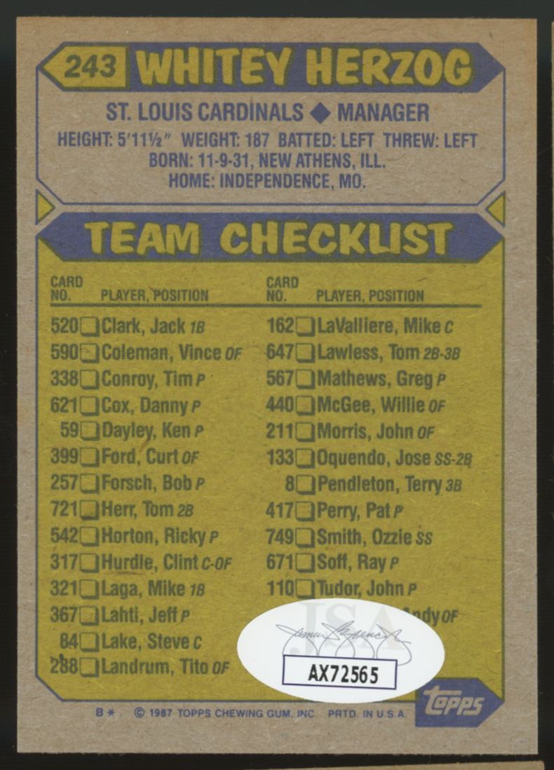 1987 Topps Whitey Herzog #243 Signed Autographed Card JSA