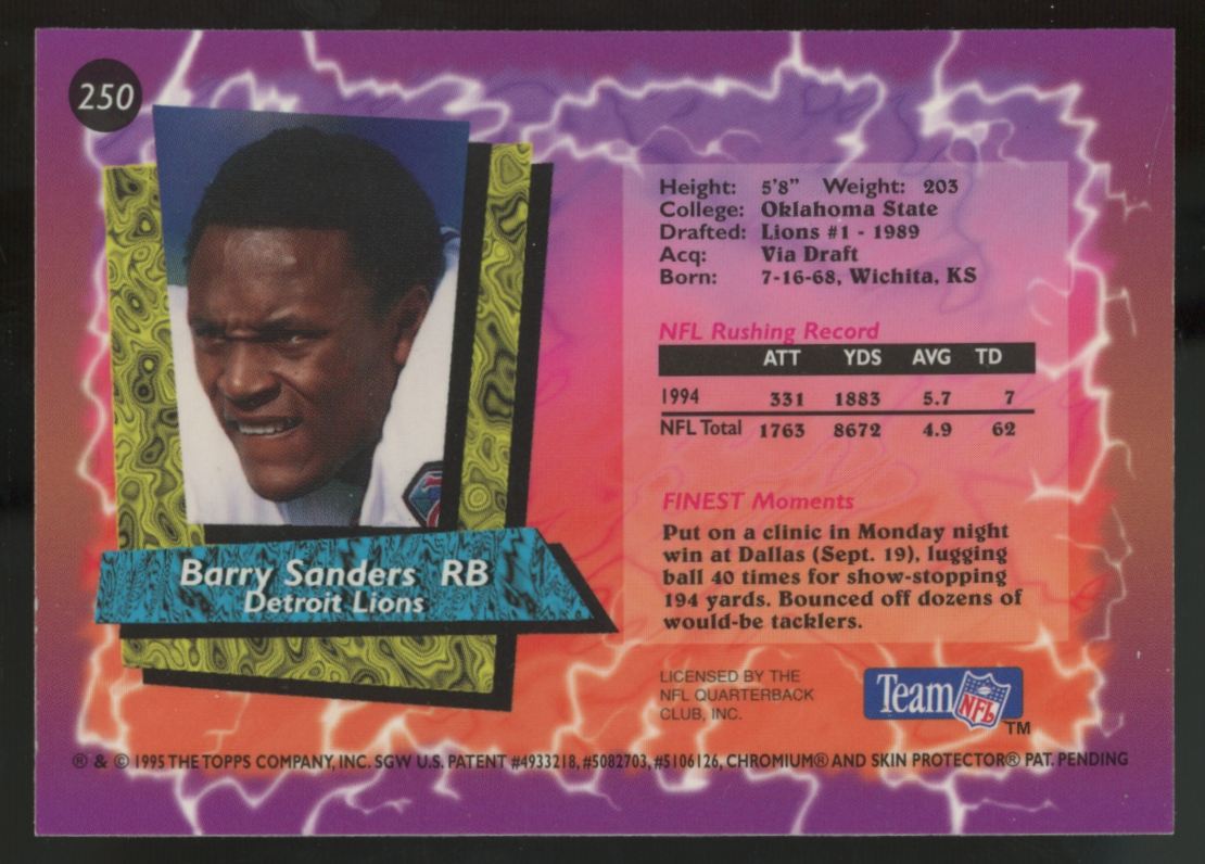 1995 Topps Finest Barry Sanders With Coating #250 "A"