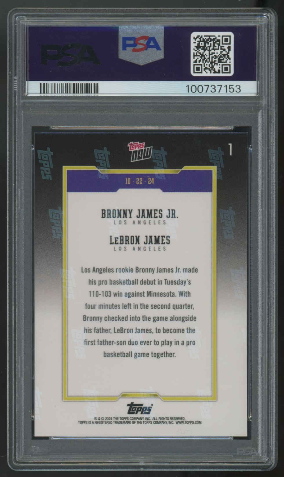 2024-25 Topps Now LeBron James / Bronny James Father/Son Debut #1 PSA 10
