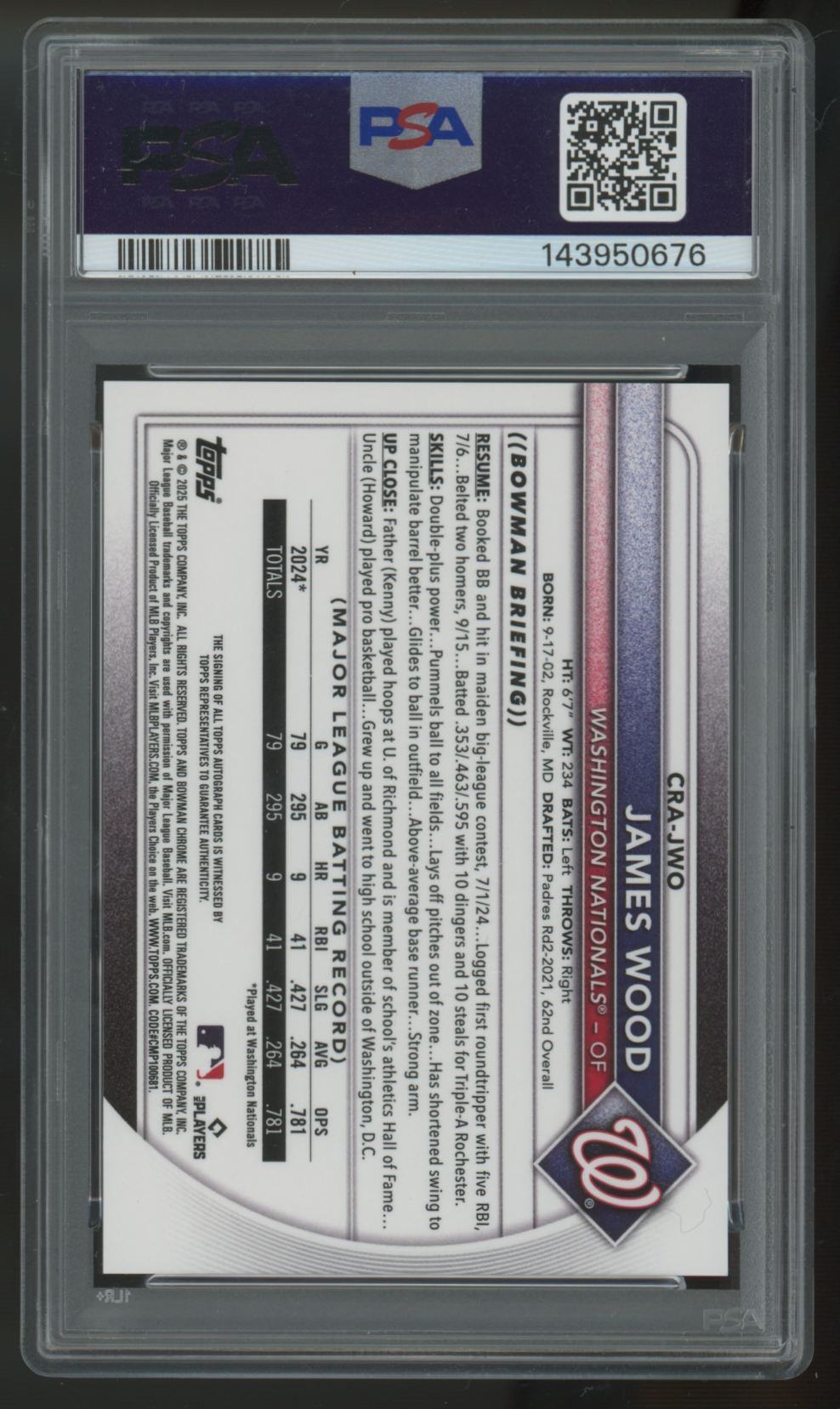 2025 Bowman Chrome James Wood RC Gold Refractor Auto /50 #CRA-JWO PSA 10 10