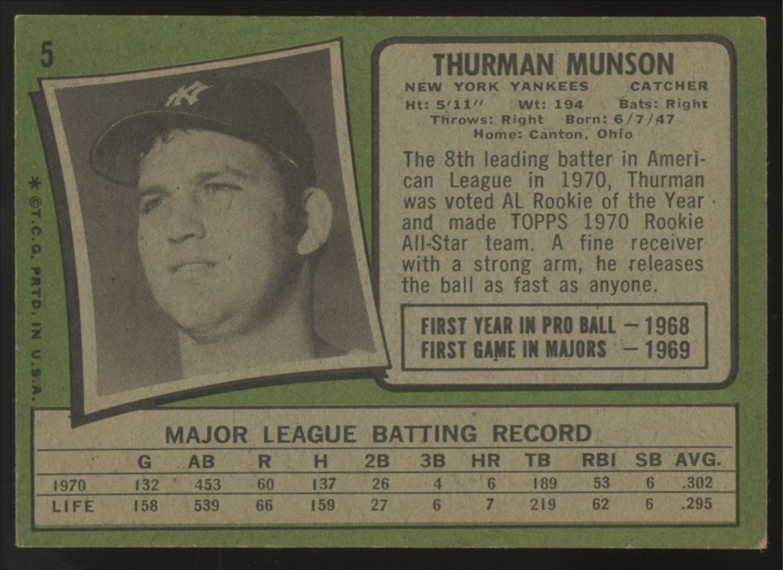 1971 Topps Thurman Munson #5 VG/EX "A"