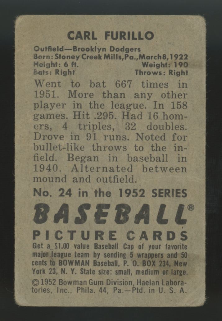 1952 Bowman Carl Furillo #24 F/G (Creases)