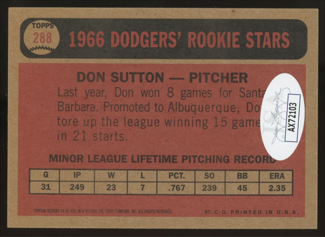 2001 Topps Archives Don Sutton 1966 Rookie Stars Reprint #288 Signed Card JSA