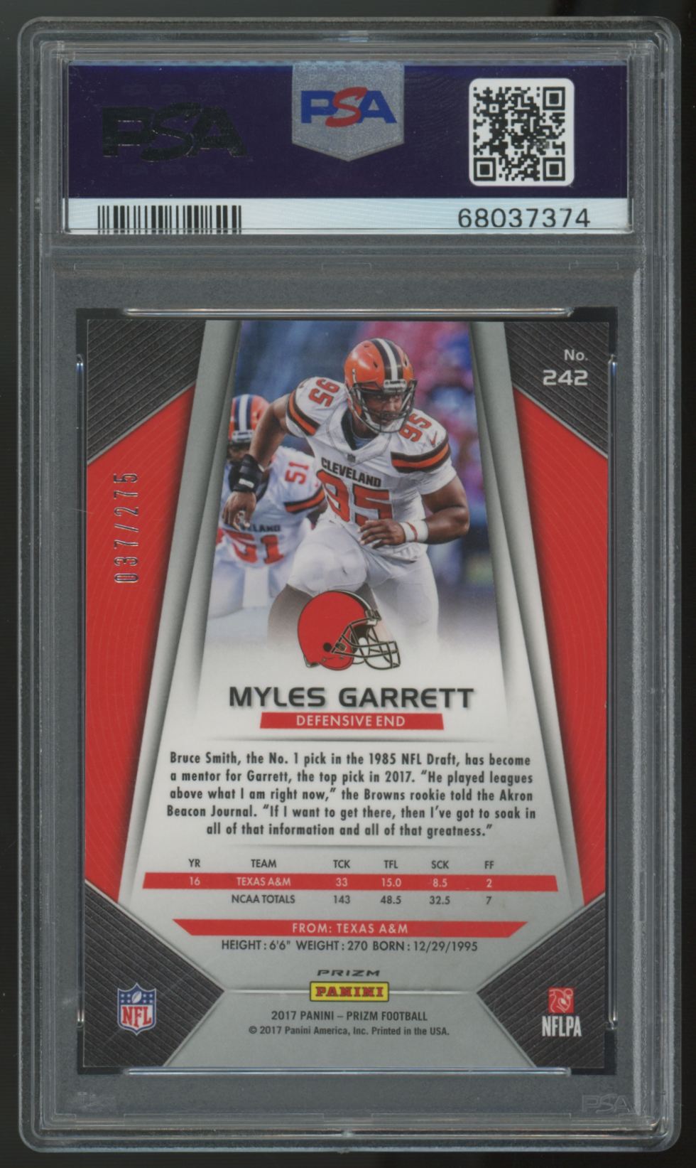 2017 Panini Prizm Myles Garrett RC Orange /275 #242 PSA 9