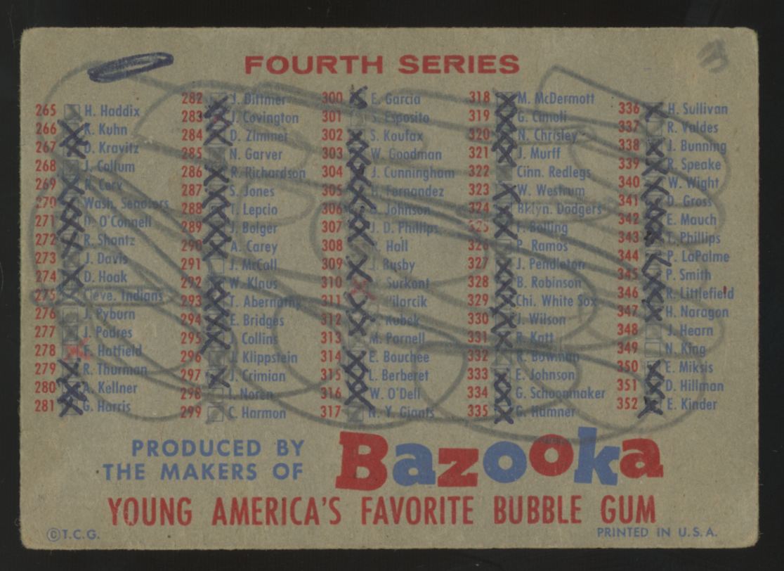 1957 Topps Third/Fourth Series Baseball Bazooka Checklist Poor (Marked)